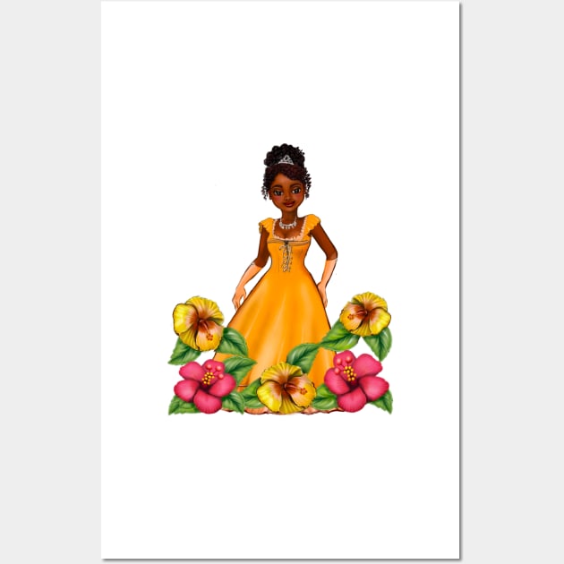 Princess Coco with hibiscus flowers  ! beautiful  black girl with Afro hair, brown eyes and dark brown skin. Hair love ! Wall Art by Artonmytee